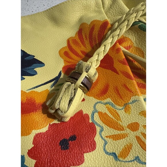 Elliott Lucca Leather Purse Yellow Hand Painted w/ Wood Gold Accents Soft EUC - Picture 5 of 16